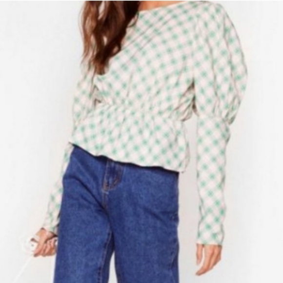 ASOS Daisy Street Check Balloon Sleeve Top Pink Green - Picture 2 of 14